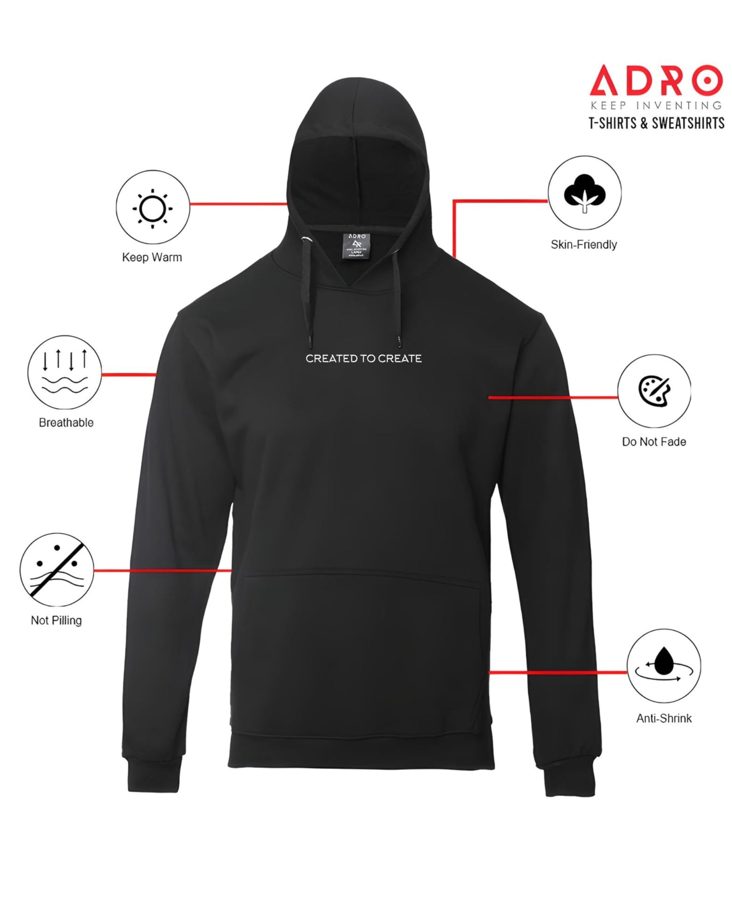 ADRO Mens Printed Hoodies in Premium Cotton Fleece 340 GSM (H23-M-CRE-BL_Black)