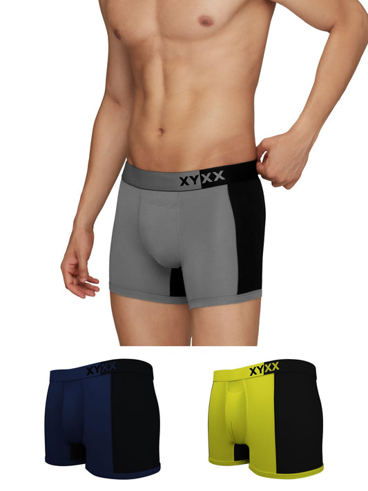 XYXX Mens Underwear Dualist IntelliSoft Antimicrobial Micro Modal Trunk Pack of 3 (Steel Grey & Black;Black Iris & Black;Lime P