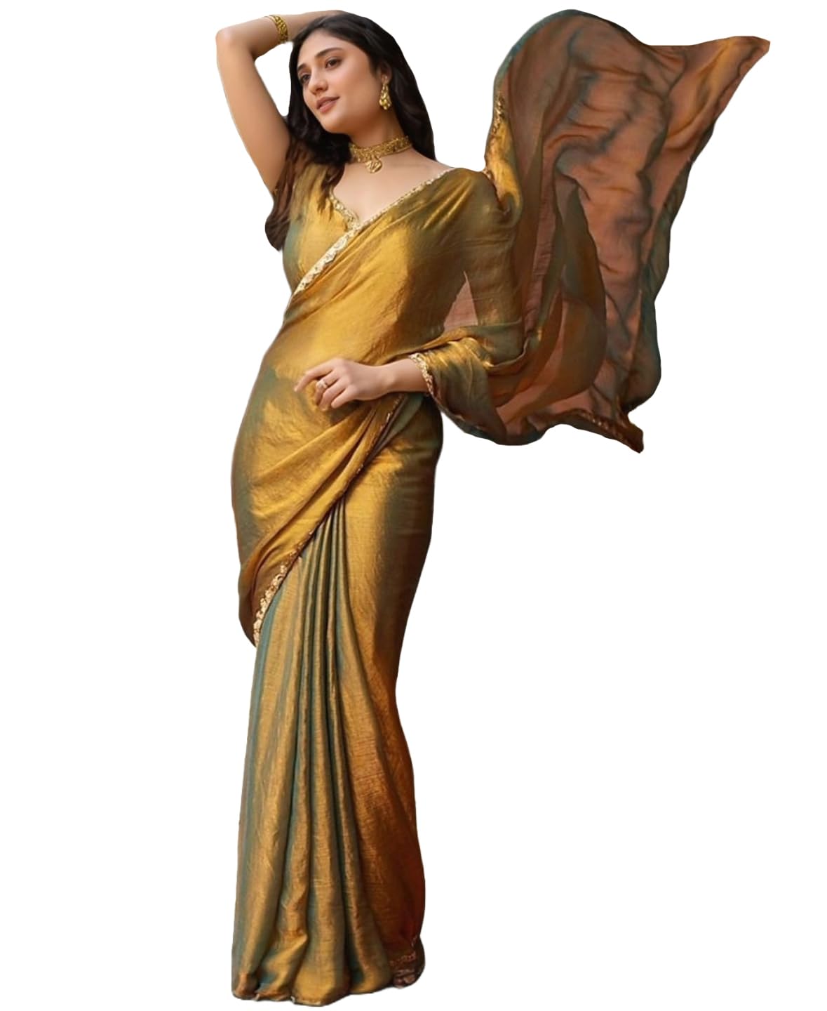 Gosriki WomenS Silk Blend Hand Work Saree With Unstitched Blouse Piece (Ayaat Gold-Vks02-Gs_Free Size)