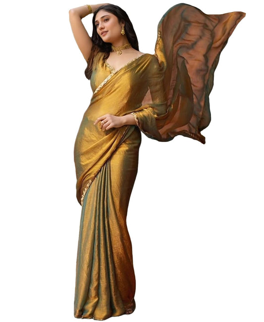 Gosriki WomenS Silk Blend Hand Work Saree With Unstitched Blouse Piece (Ayaat Gold-Vks02-Gs_Free Size)