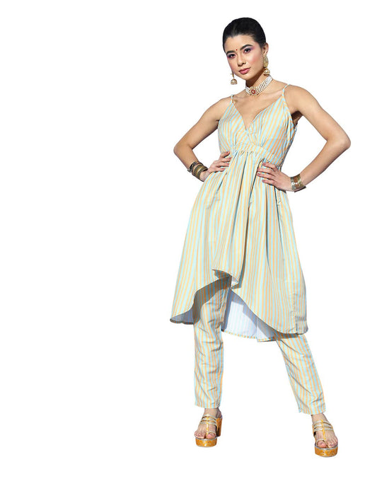 ZIYAA Women's Pista Green Chinon A-line Kurta And Pant Set(ZIKUCH3781ANDPA)