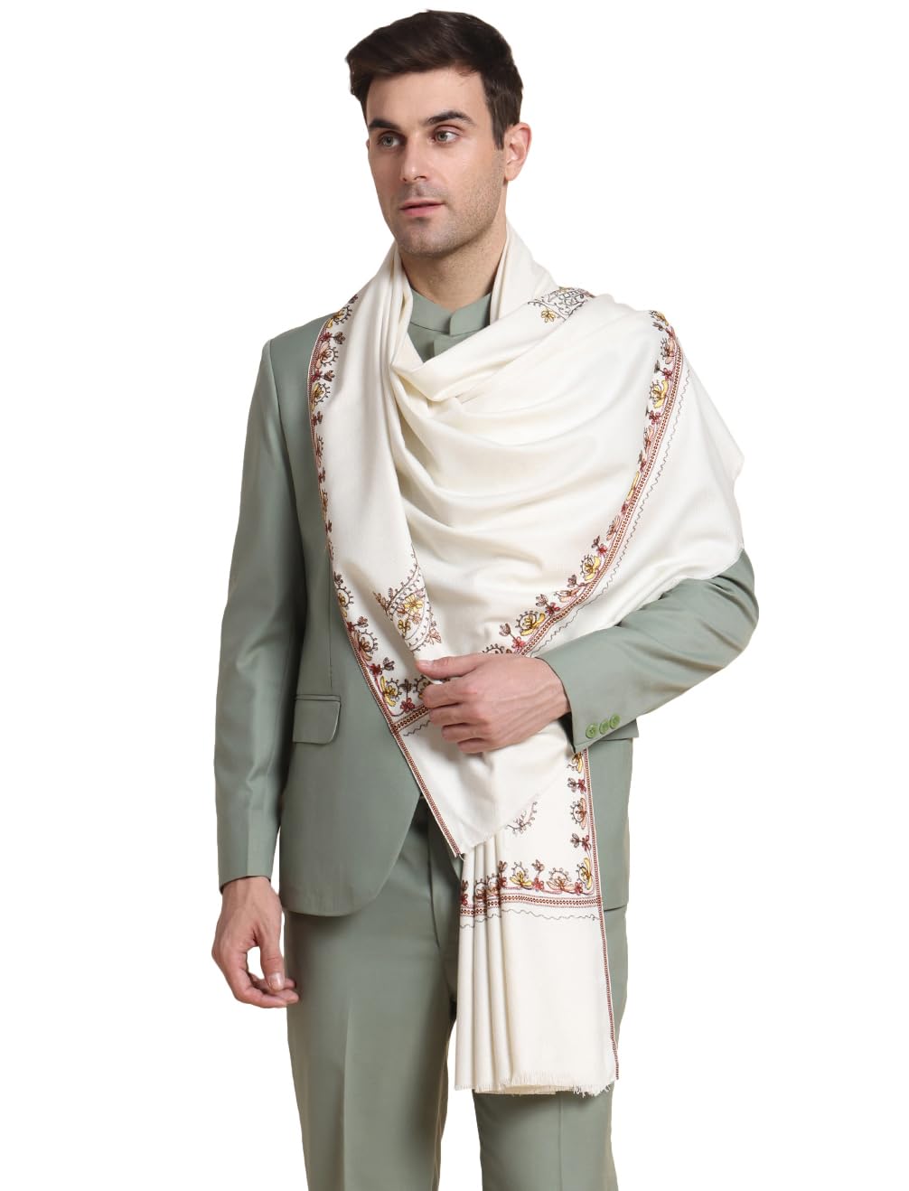 Weavers Villa Mens Acro Wool Blend Hand Embroidery Threadwork Shawl - Handloom Paisley - Stoles for Men - Gents Shawls - Soft &