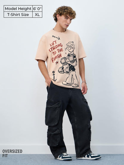 The Souled Store Popeye: Lift Strong Men and Boys Short Sleeves Round Neck Beige Graphic Printed Cotton Oversized T-Shirts
