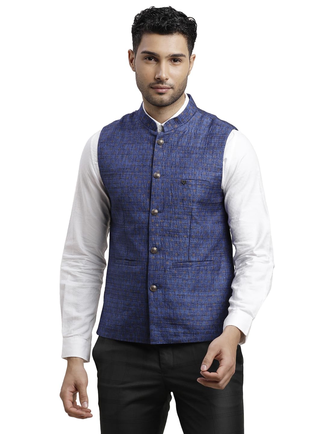 Turtle Men Terry Rayon PRINTS Slim Fit Blue Nehru Jacket