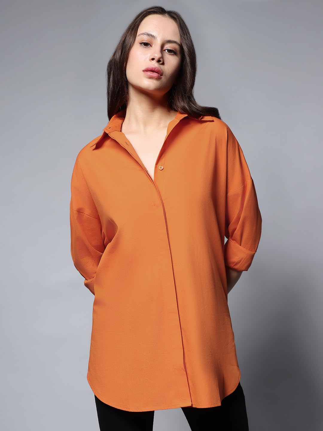 High Star WomenS Cotton Solid Oversized Fit Shirt (Hswshs23001_Orange)