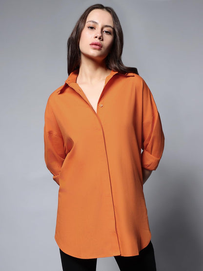 High Star WomenS Cotton Solid Oversized Fit Shirt (Hswshs23001_Orange)