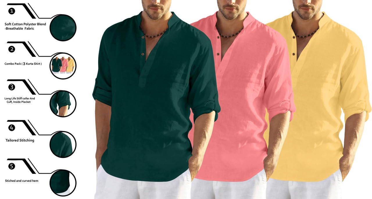 Finivo Fashion MenS Cotton Blend Regular Fit Solid Combo Kurta Shirt Pack Of 3