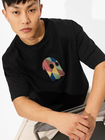The Souled Store Fusion Black Oversized T-Shirt for Men Boys Cotton Casual Half Sleeves Baggy Loose Fit Drop Shoulder Round Neck