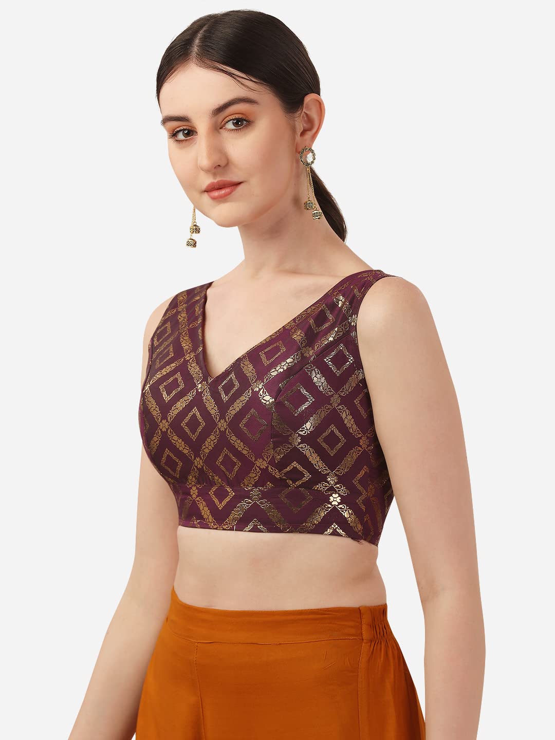 OOMPH! Womens Indian Ethnic Wear Designer Zari Work V Neck Sleeveless Purple Blouse for Saree or Lehnga and BlousePalazzos or S