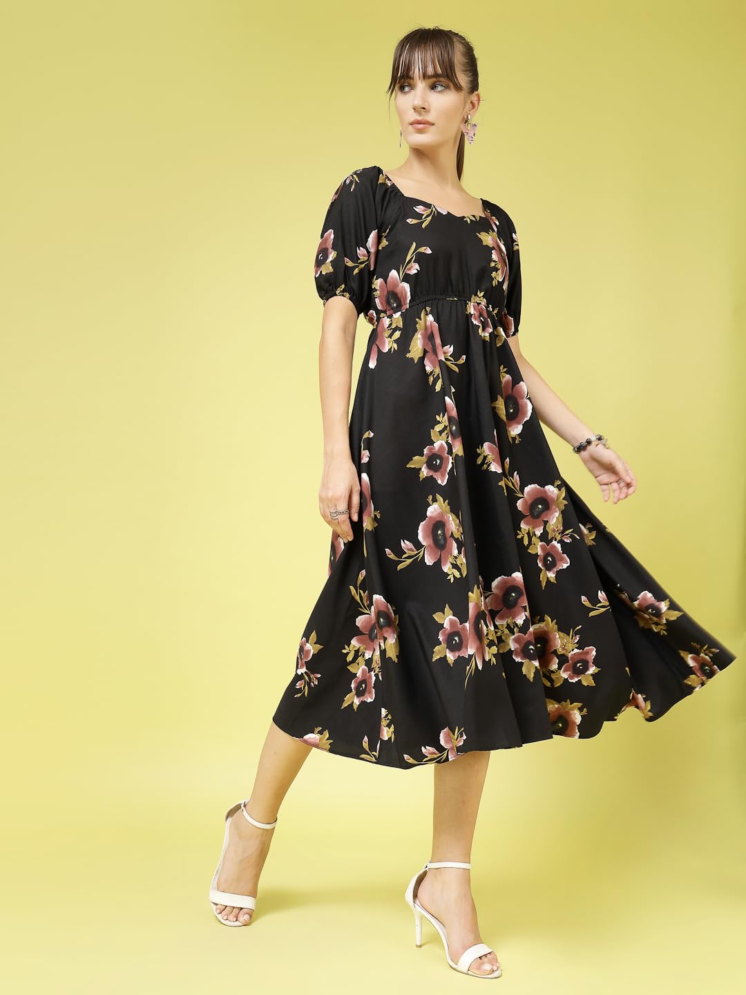 Oomph! Flared Dress For Women Stylish | Long One Piece For Women | Puff Sleeve Long Dress | Floral Print Maxi One Piece | Wester