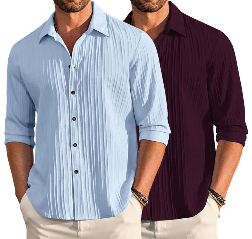 Deelmo Combo Of MenS Casual Button Down Shirts Long Sleeve Linen Shirt Fashion Textured Summer Shirts Pack Of 2