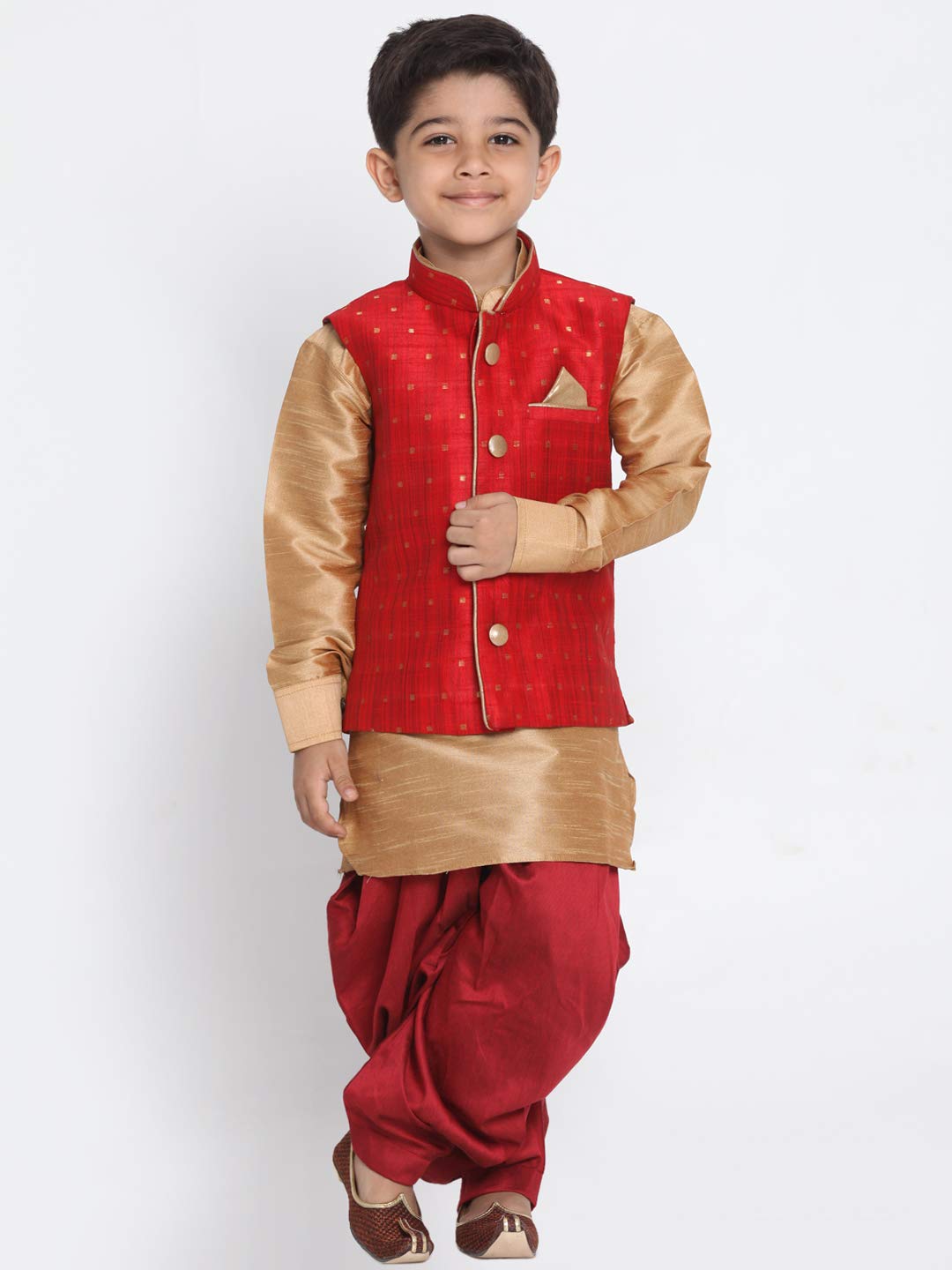 Vastramay Banarasi Brocade Woven Jacquard Nehru/Modi Jacket With Silk Pathani Kurta & Dhoti Pant Set  Traditional Ethnic Wear Fo