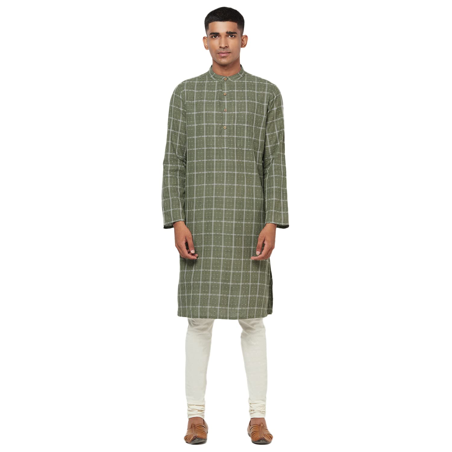 Fabindia Men Cotton Geometric Long Kurta Olive_S