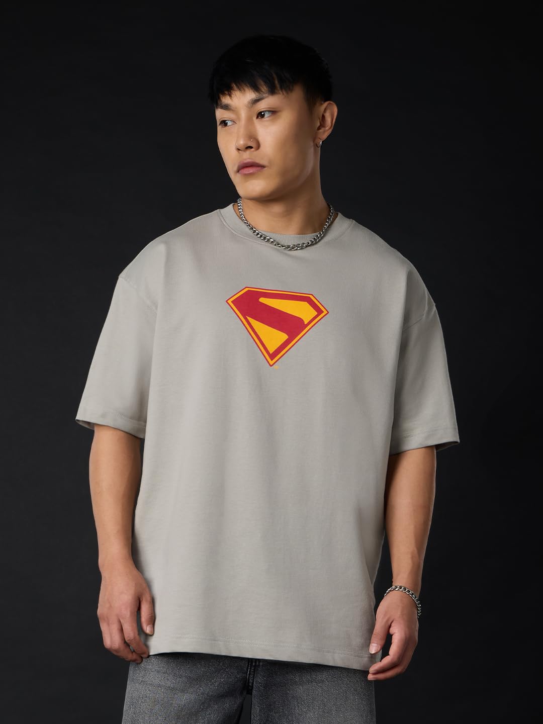The Souled Store Superman: Take Me Home Men and Boys Short Sleeves Round Neck Grey Graphic Printed Cotton Drop Shoulder Lightwei