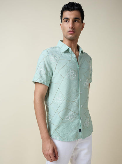 Thomas Scott Mens | Self Designed | Embroidered | Long Sleeve | Plus Size | 100% Cotton | Casual | Shirts for Men(TS1693_Green)