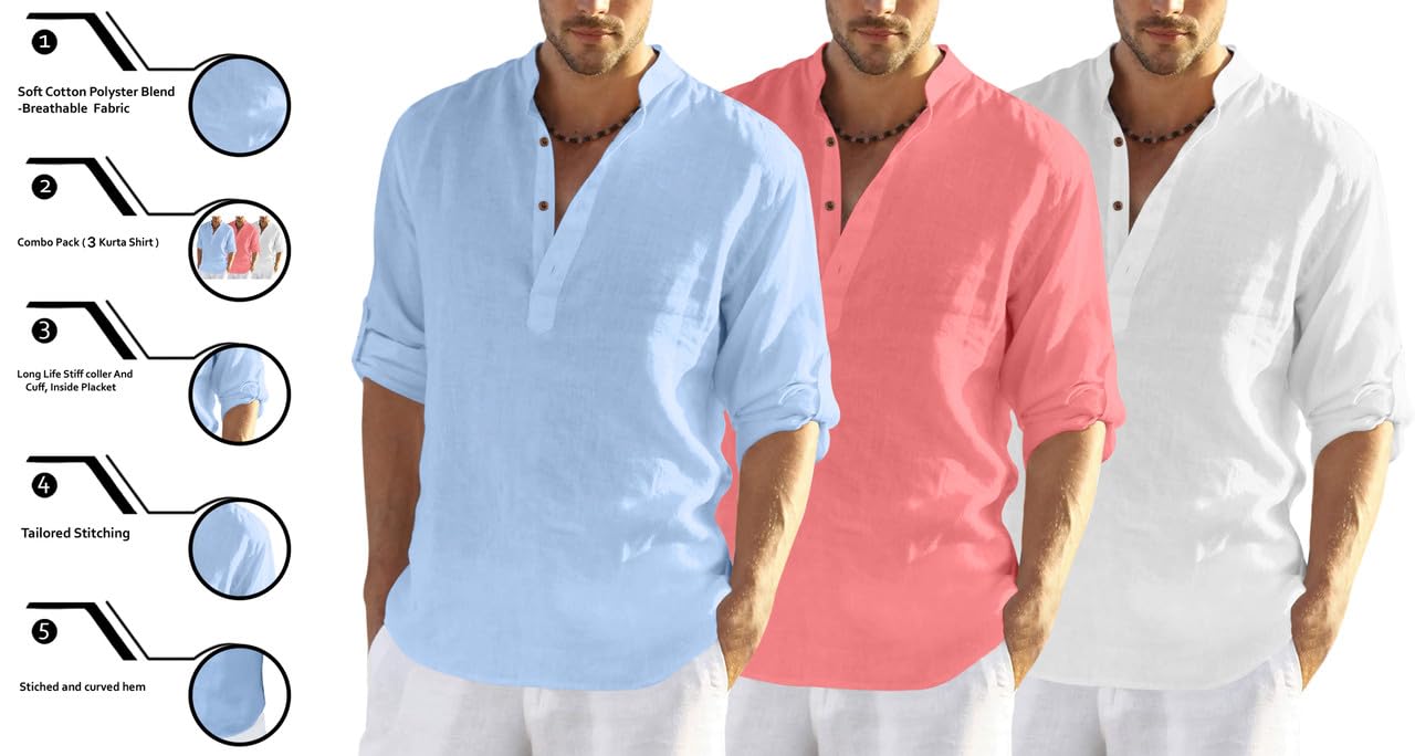 Finivo Fashion MenS Cotton Blend Regular Fit Solid Combo Kurta Shirt Pack Of 3