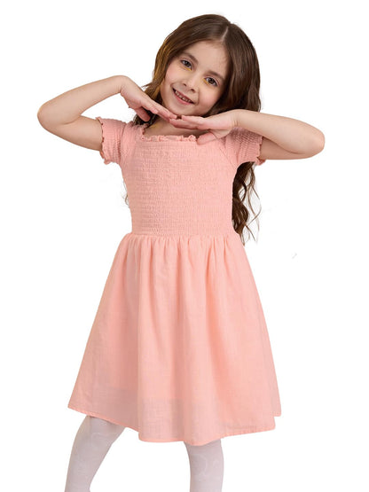 The Souled Store Solids: Fuzzy Peach Girls Square Neck Short Sleeves Knee Length Cotton Dresses