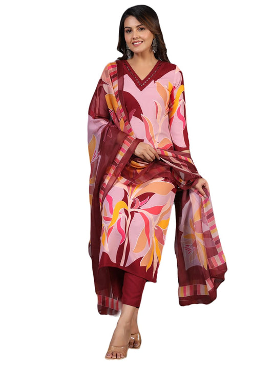 ANNI DESIGNER Women s Cotton Blend Kurta Set, Burgundy, L