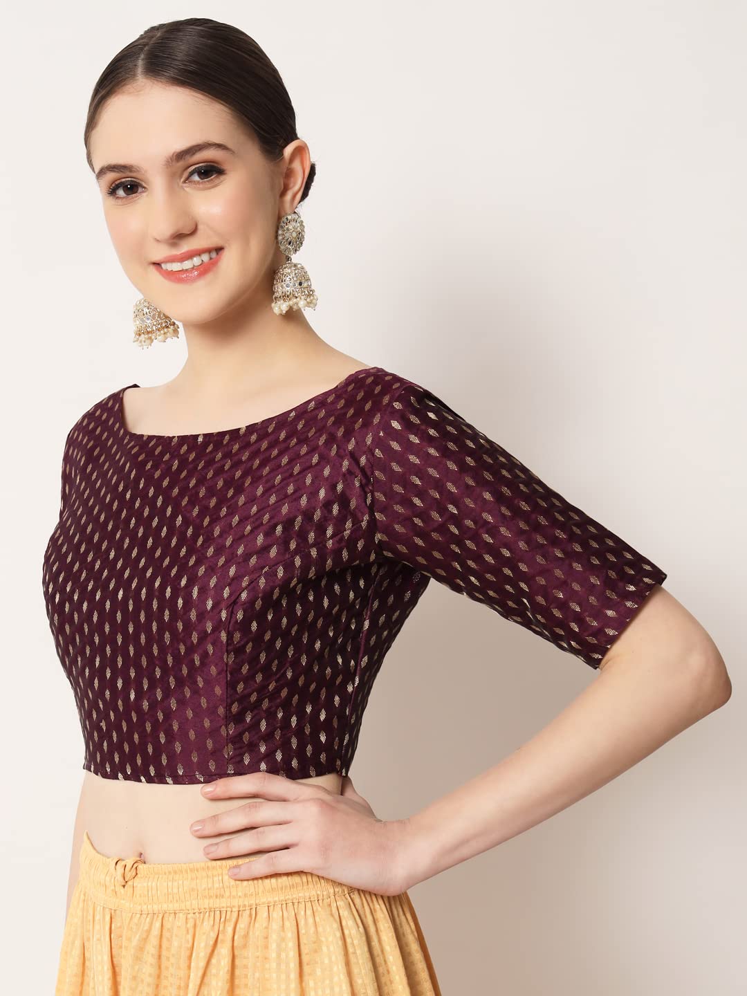 Pujia Mills Blouse Readymade Boat Neck Blouse Readymade Blouse Half Sleeve Wine Blouse Boat Neck Blouse For Women Saree Blouse R