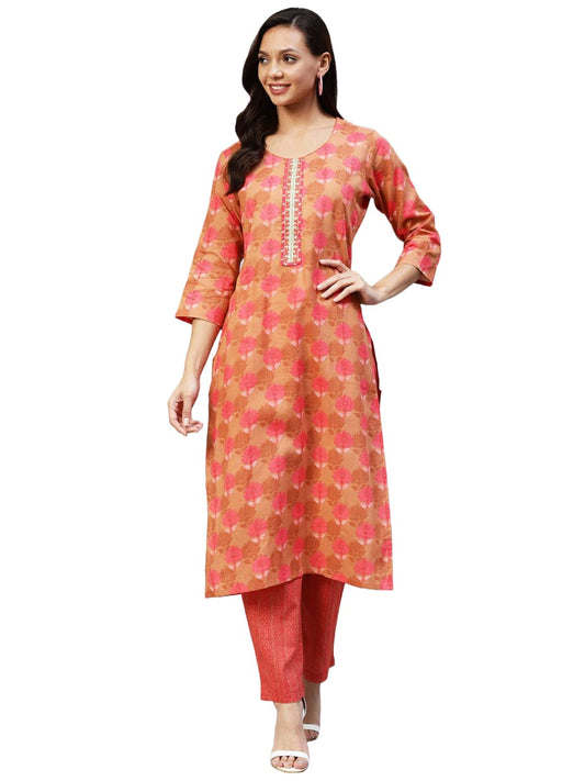 ANNI DESIGNER Women's Cotton Blend Printed Straight Kurta with Pant (Vadidev)