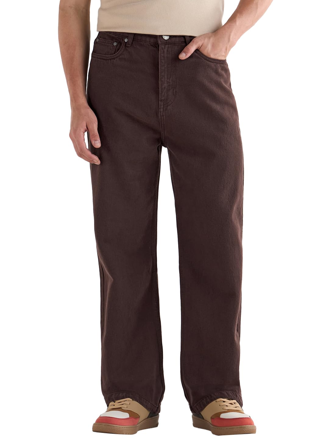 Bewakoof Mens Solid Baggy Fit Cotton Jeans_624673_Brown_28