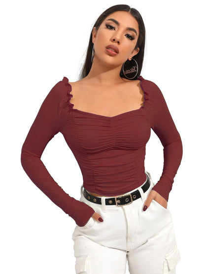 Shasmi Womens & Girls Maroon Full Sleeve, Sweat Hear Neck, Frill Trim Ruched Crop Top for Women, Tops, Slim Fit T-Shirts for G