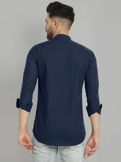 Royalscout MenS Cotton Blend Full Sleeve Short Kurta With Mandarin Collar Navy