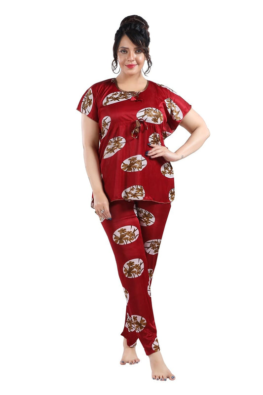 Fabme WomenS Satin Maroon Kaftan Top & Pyjama Set