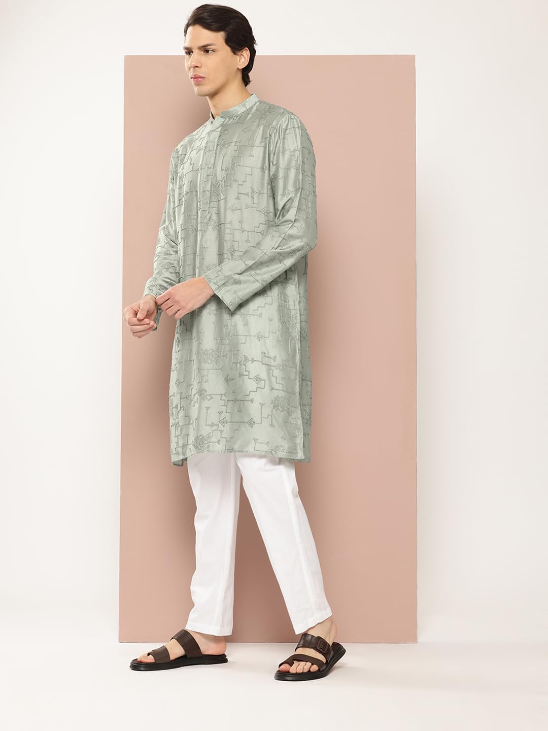 See Designs Mens Long Sleeve Side Slit Sea Green Embroidered Thread Work Chanderi Silk Straight Mandarin Collar Kurta - SDKT287
