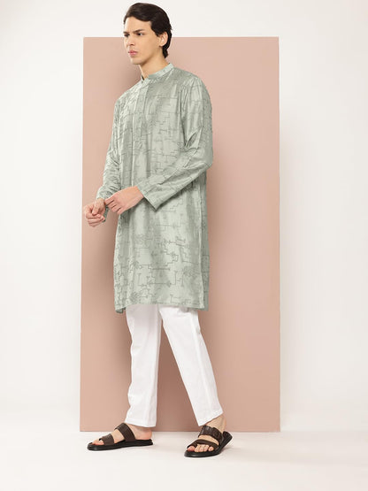 See Designs Mens Long Sleeve Side Slit Sea Green Embroidered Thread Work Chanderi Silk Straight Mandarin Collar Kurta - SDKT287
