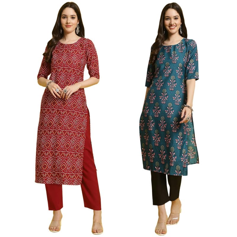 Pinkmint WomenS Printed Crepe Straight Kurta And Pant Set Round Neck Kurta And Pant Set For Women