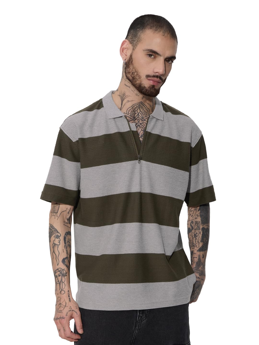The Souled Store Jacquard Polo: Olive Men and Boys Short Sleeve Collared Neck Cotton Oversized Polos