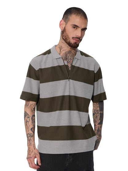 The Souled Store Jacquard Polo: Olive Men and Boys Short Sleeve Collared Neck Cotton Oversized Polos