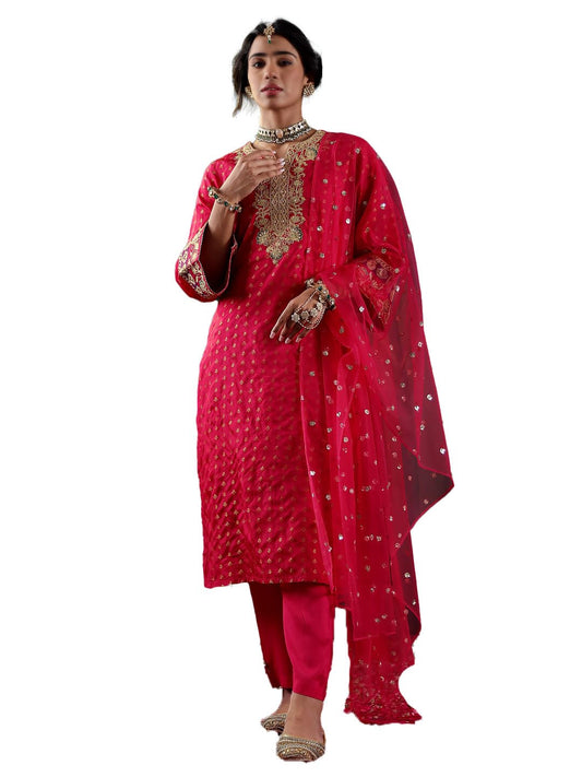 Varanga Women Pink Chanderi Brocade, Zari Embroidered Sequims Embellished Straight Kurta Paired with Tonal Bottom and Dupatta