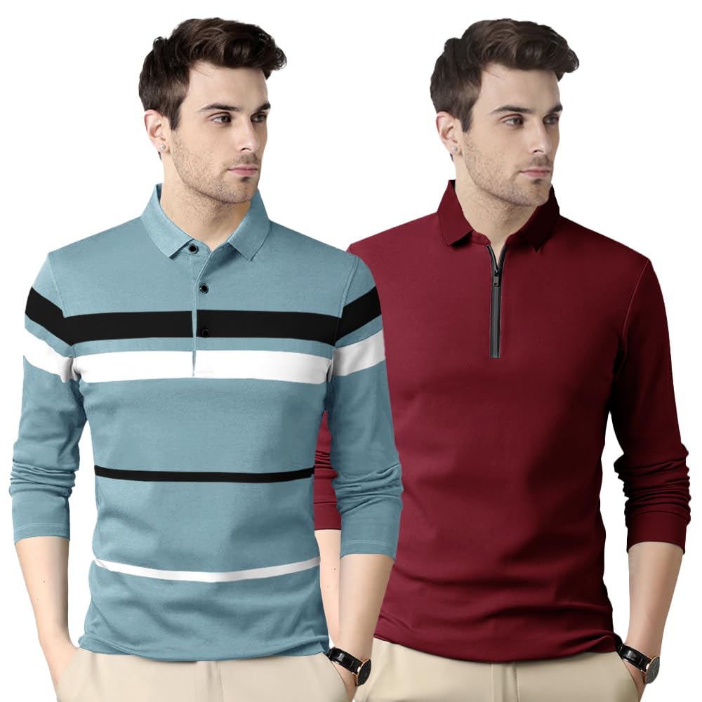 Noble Monk MenS Regular Fit Polo T Shirt |Full Sleeves |Collar Tshirts | Casual T-Shirt For Men