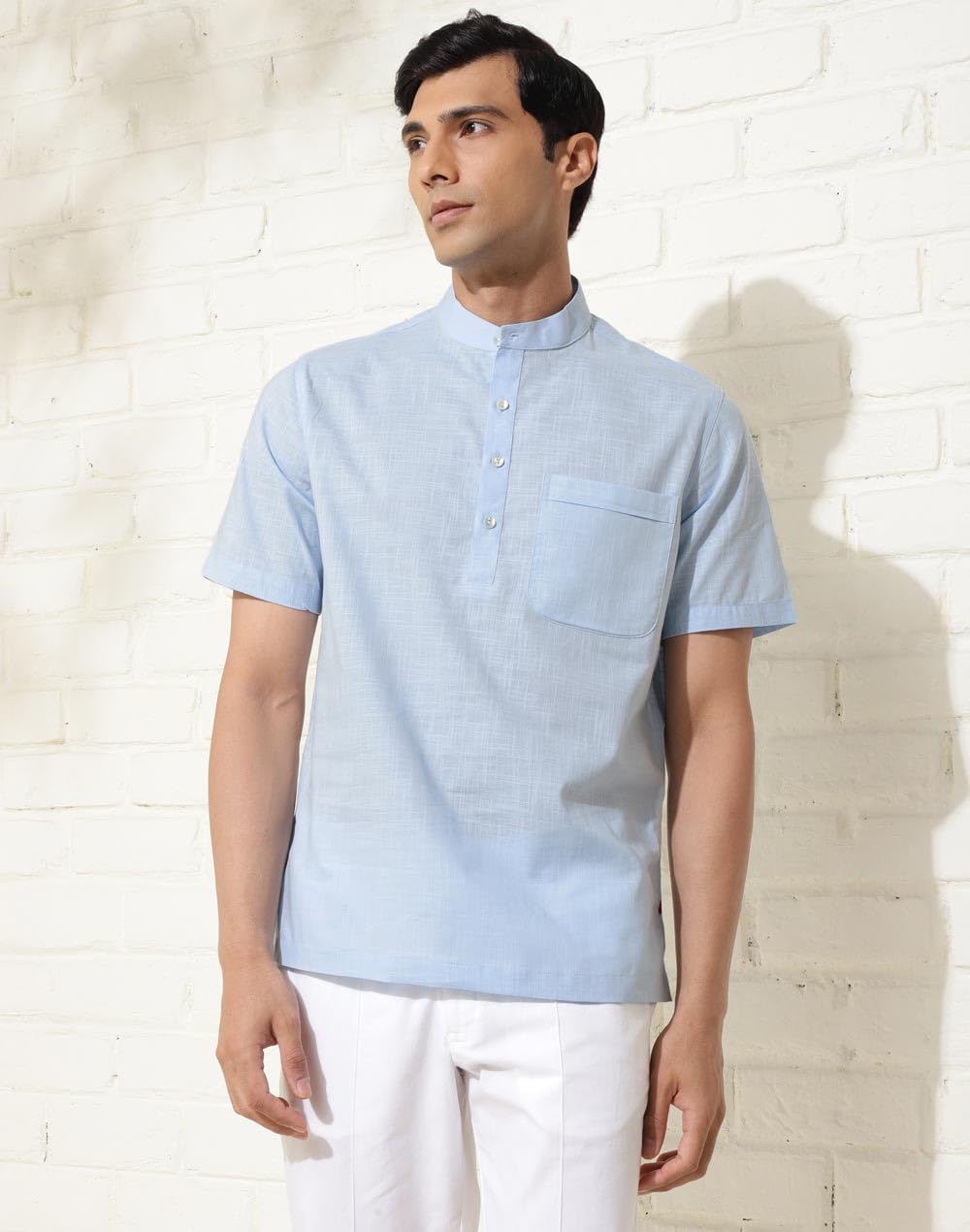Fabindia MenS Solid Relaxed Fit Shirt (2123224Skyblue_Sky Blue