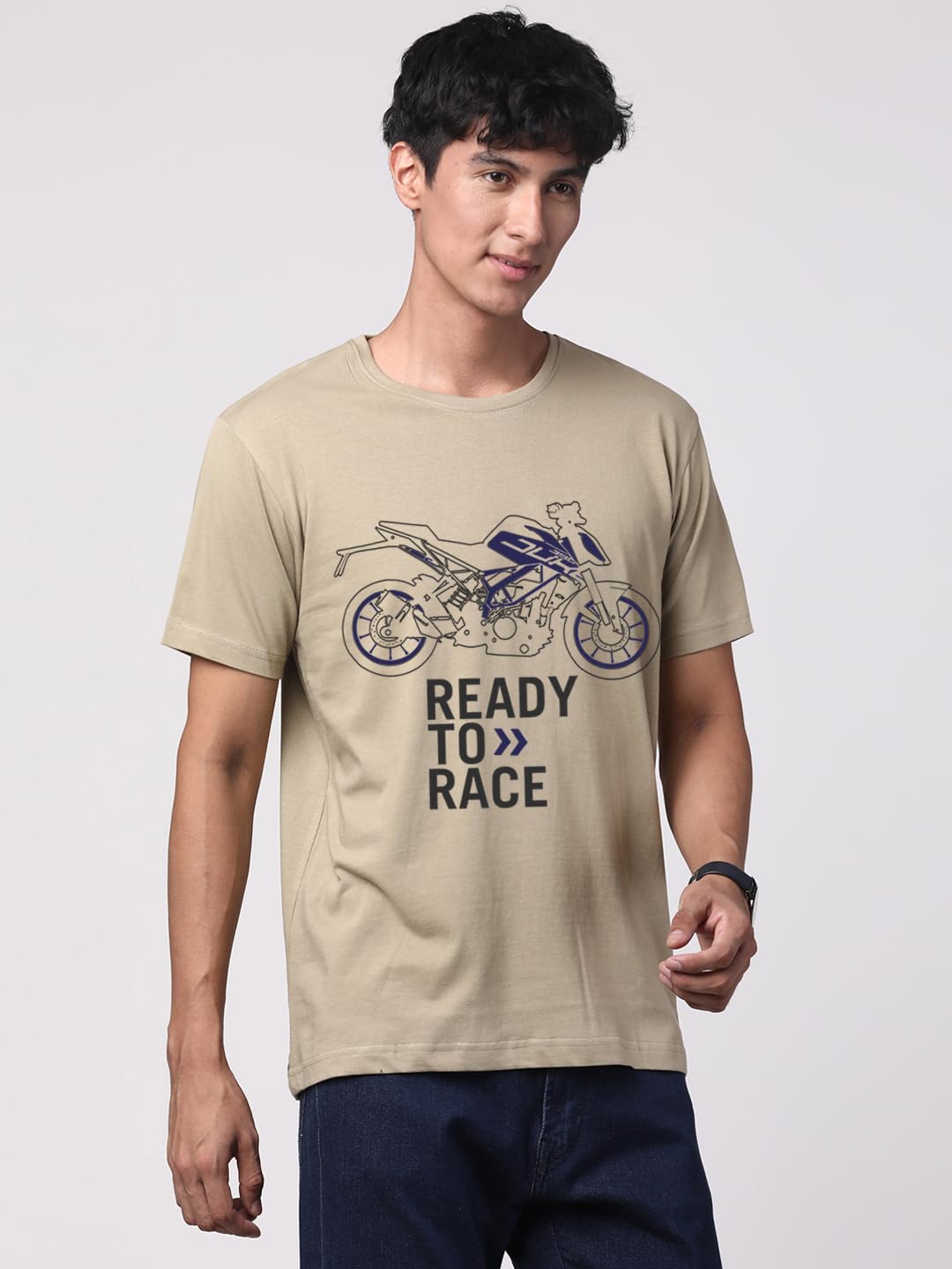 ADRO Men's Biker Design Printed 100% Cotton T-Shirt - Regular Fit, Printed T-Shirts for Men (RN24-KTM-BE_Beige)