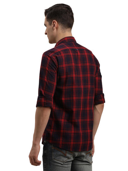 Turtle Men 100% Cotton Indigo Checkered Slim Fit Navy/Red Denim Shirt