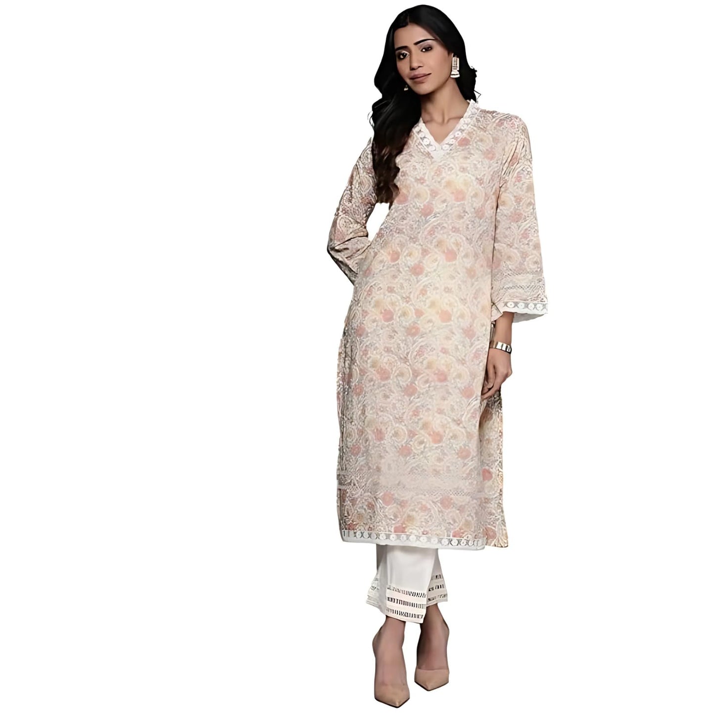 Varanga Women Off-White Floral Printed Straight Kurta  V Neck, Lace Detail, Long Flared Sleeves, Stylish & Elegant