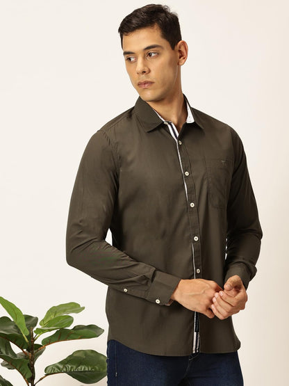Thomas Scott 100% Cotton Long Sleeve Solid Regular Fit Casual Shirts for Mens Dark Green