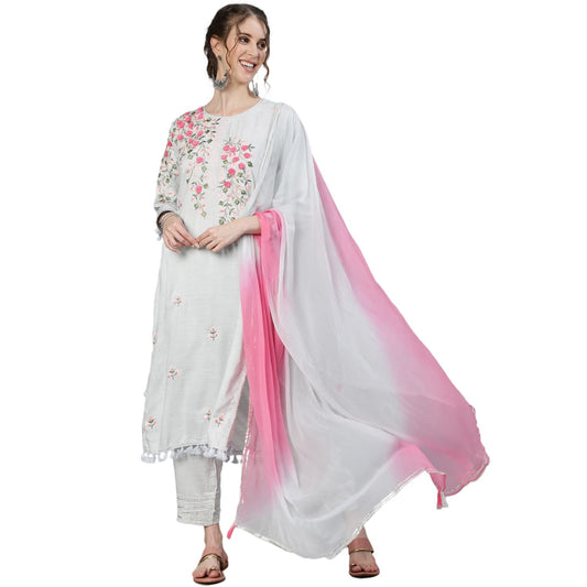 ishin Women's Viscose Rayon Grey Embroidered A-Line Kurta suit set With Dupatta & Pants