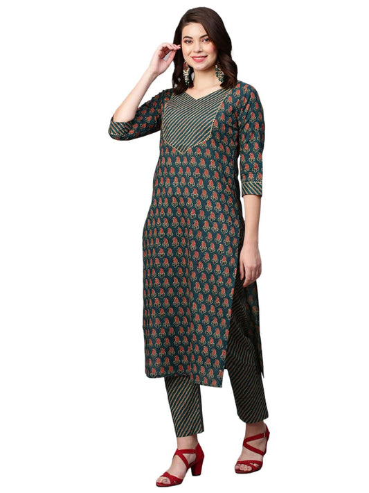 ANNI DESIGNER Women's Cotton Blend Printed Straight Kurta with Pant (Grape Green-Nw01)
