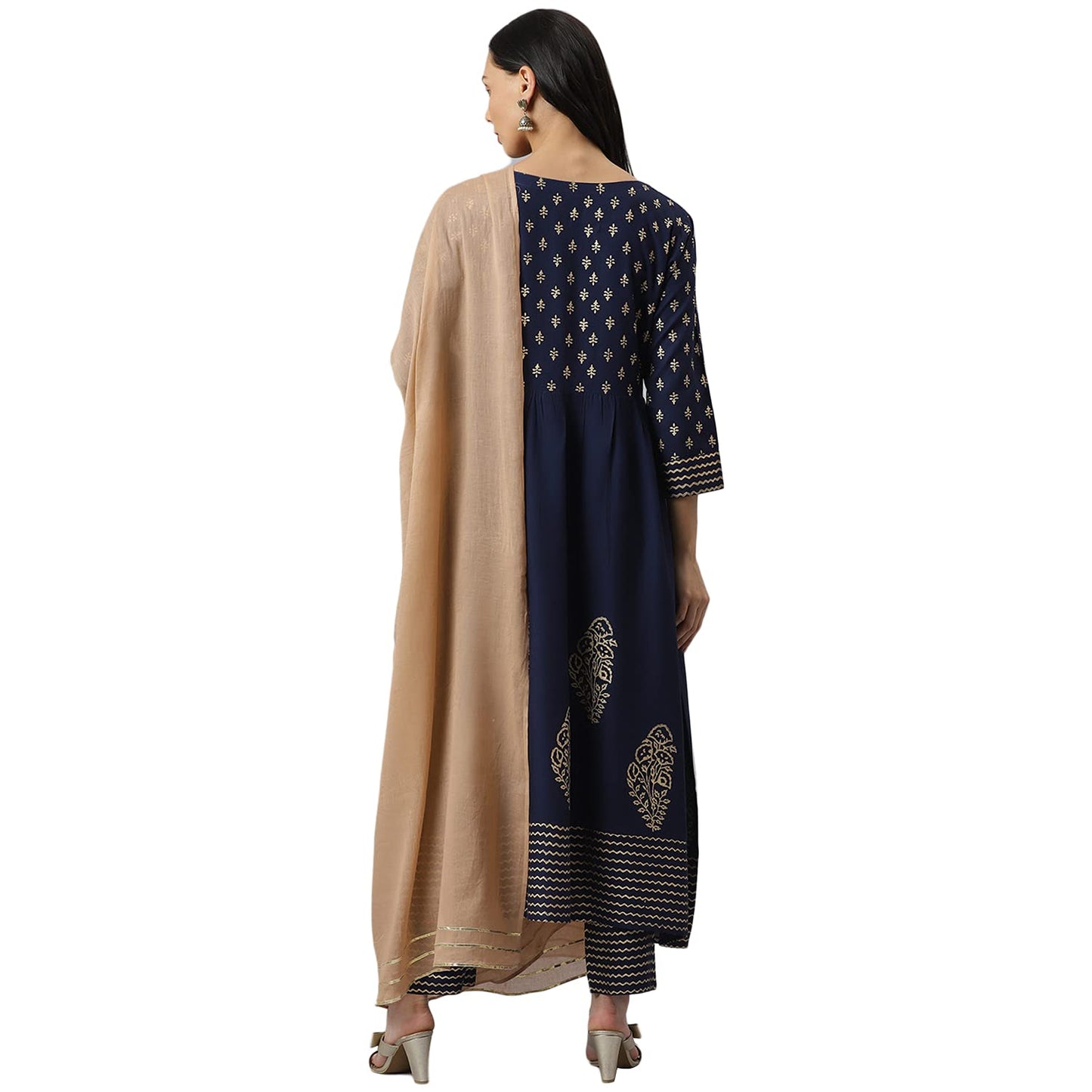 Stylum Women's Gold Printed Rayon Flared Kurta Pant Dupatta Set (Navy Blue)