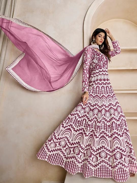 PATLANI Womens Naylon Net Embroiered Full Stitched Gown with Dupatta. Purple