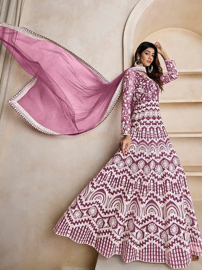 PATLANI Womens Naylon Net Embroiered Full Stitched Gown with Dupatta. Purple