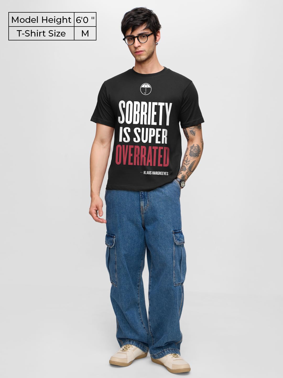 The Souled Store Umbrella Academy: Sobriety Men and Boys Short Sleeves Round Neck Black Graphic Printed Regular Fit Cotton T-Shi