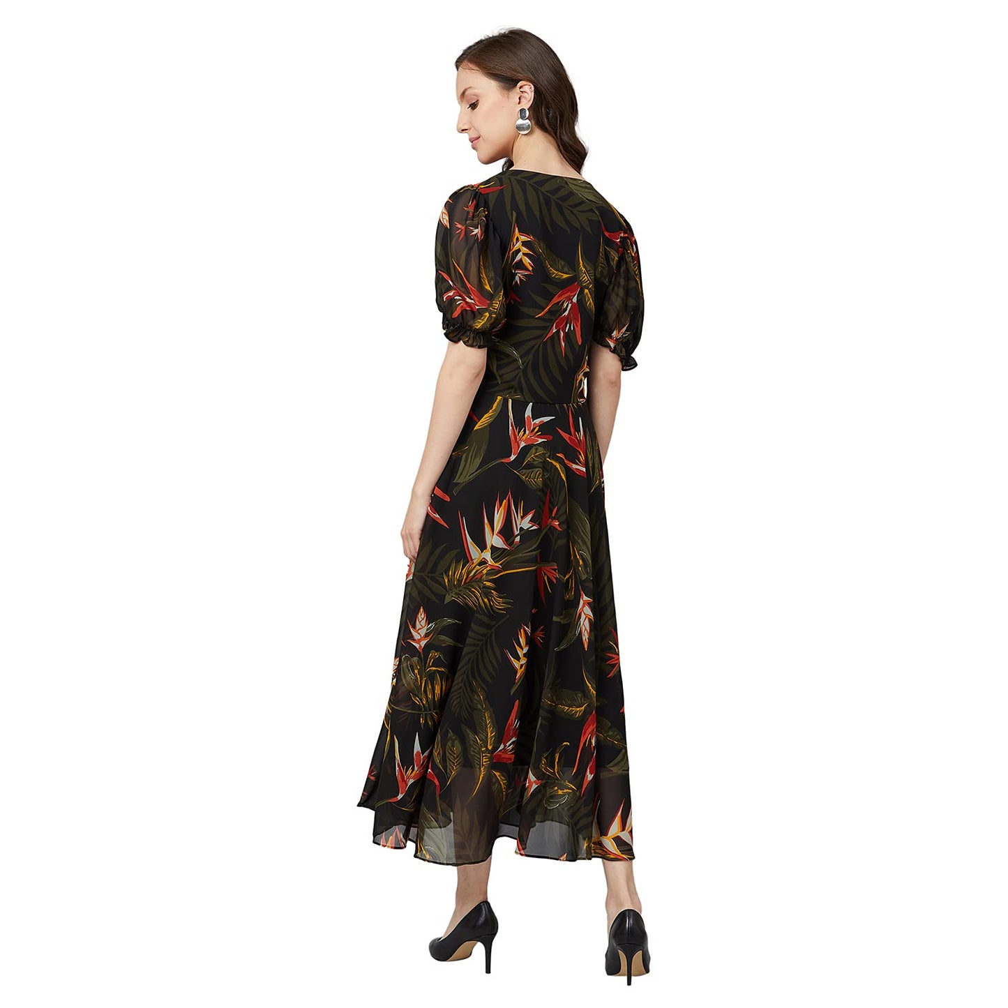 Rare Women'S Georgette Fit And Flare Midi Casual Dress (Ep6504_Black)