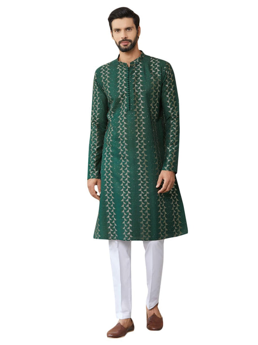 See Designs MenS Long Sleeve Mandarin Collar Side Slit Green Embroidered Thread Work Sequinned Chanderi Silk Straight Kurta - S
