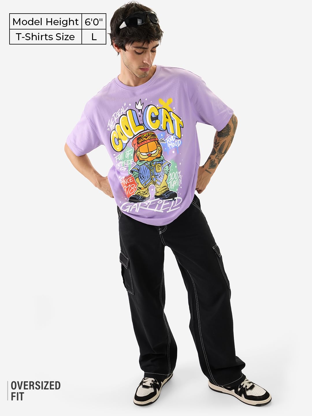 The Souled Store Official Garfield: Cool Cat Men and Boys Short Sleeve Round Neck Purple Graphic Printed Cotton Oversized T-Shir