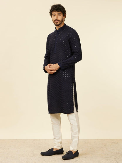 Manyavar Dark Blue Viscose Embroidery|Sequin Work Kurta Pyjama Set For Men